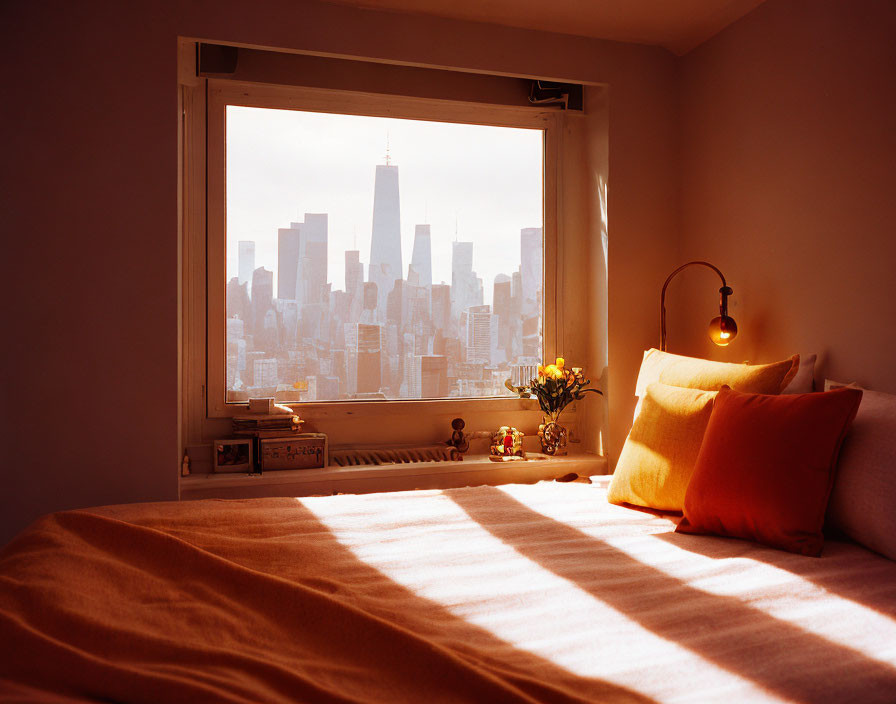 City skyline view bedroom with sunlight, cushions, and flowers