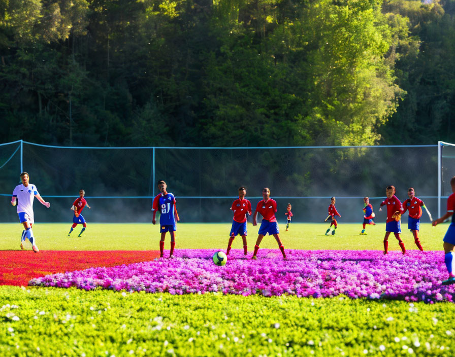 Soccer match with players in blue and red jerseys on vibrant field