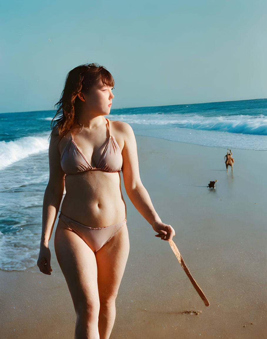 Woman in bikini walking dog on sandy beach by the water's edge