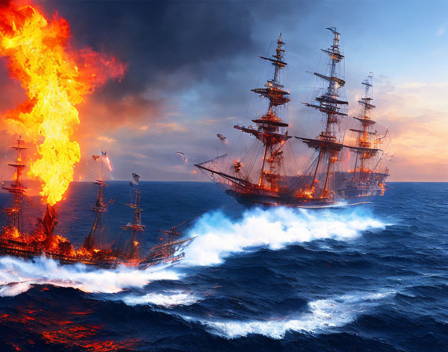 Dramatic scene: sailing ships on rough sea with one engulfed in flames