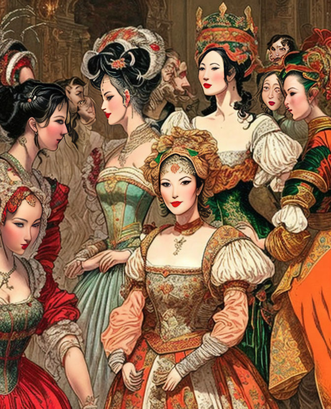 Historical costumes of elegantly dressed individuals at a social event