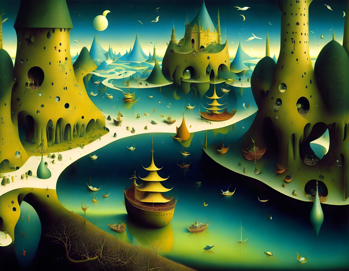 Surreal landscape with golden ships and bizarre tree-like structures