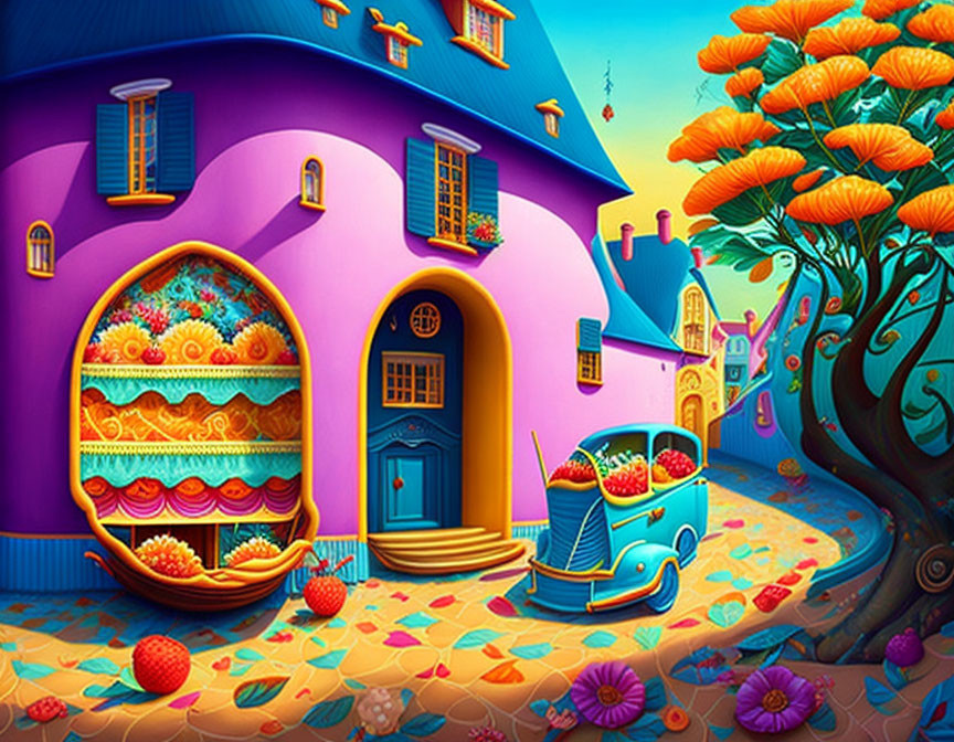 Colorful Whimsical Village with Purple House, Fruity Car, and Orange Tree