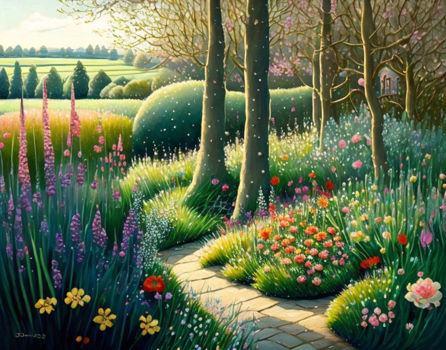 Lush garden path with vibrant flowers and trees under sunlight