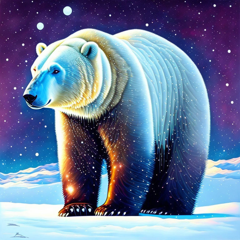 Illustrated polar bear with cosmic pattern on snowy backdrop and aurora.