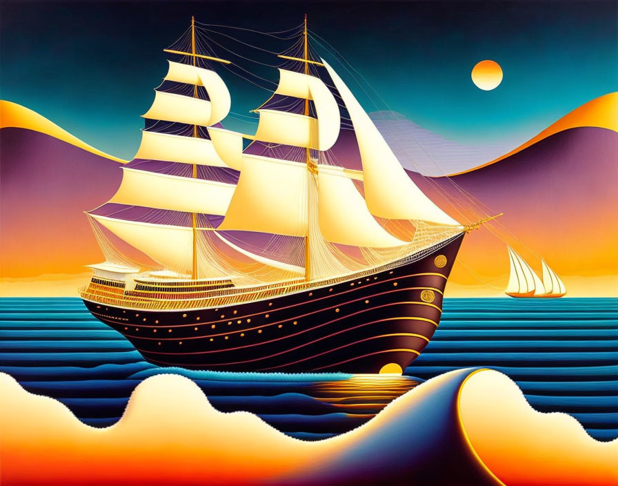 Sailing ship on calm seas at sunset with warm colors