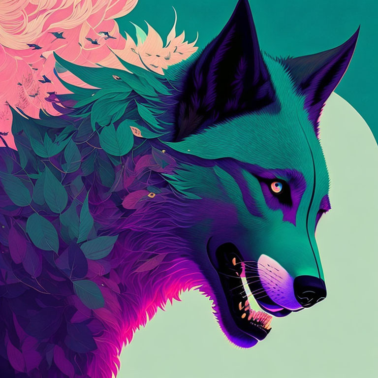 Vibrant wolf illustration with purple, teal, and pink hues and foliage patterns