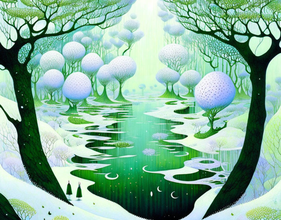 Fantastical landscape with round-topped trees and winding river