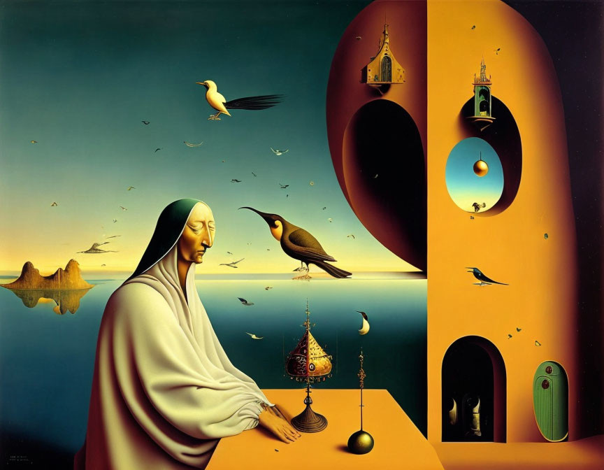 Surreal painting: robed figure, birds, floating castles, abstract shapes