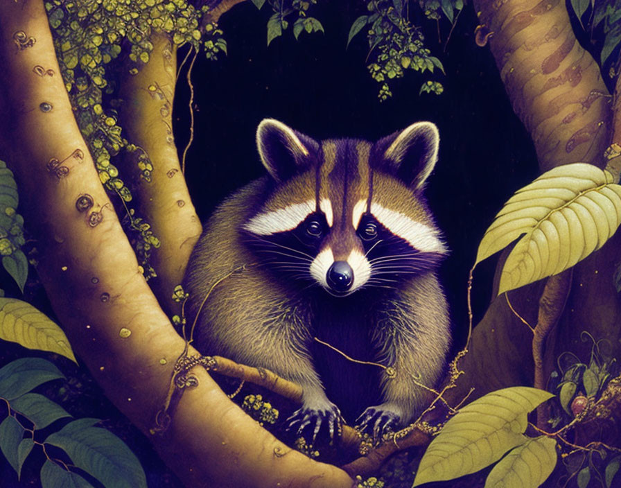 Detailed illustration: Raccoon on tree branch in lush nocturnal setting