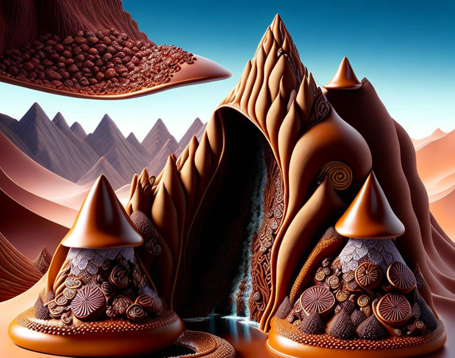 Surreal landscape with chocolate mountains, waterfall, coffee bean hills