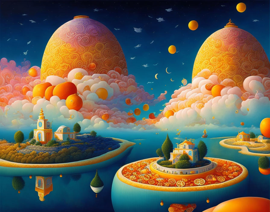 Colorful painting: Floating islands, surreal fruits, and starry sky