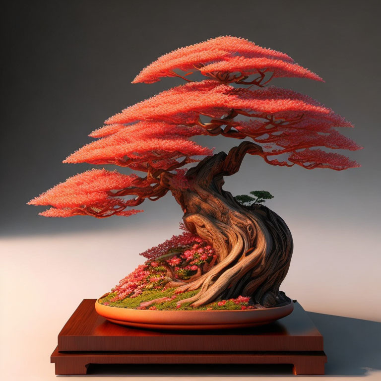 Twisted trunk bonsai tree with vibrant pink foliage on wooden stand