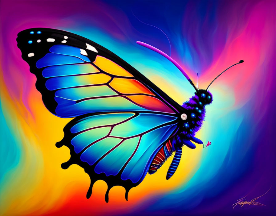 Colorful digital artwork: Blue and black butterfly with intricate wings on abstract background.