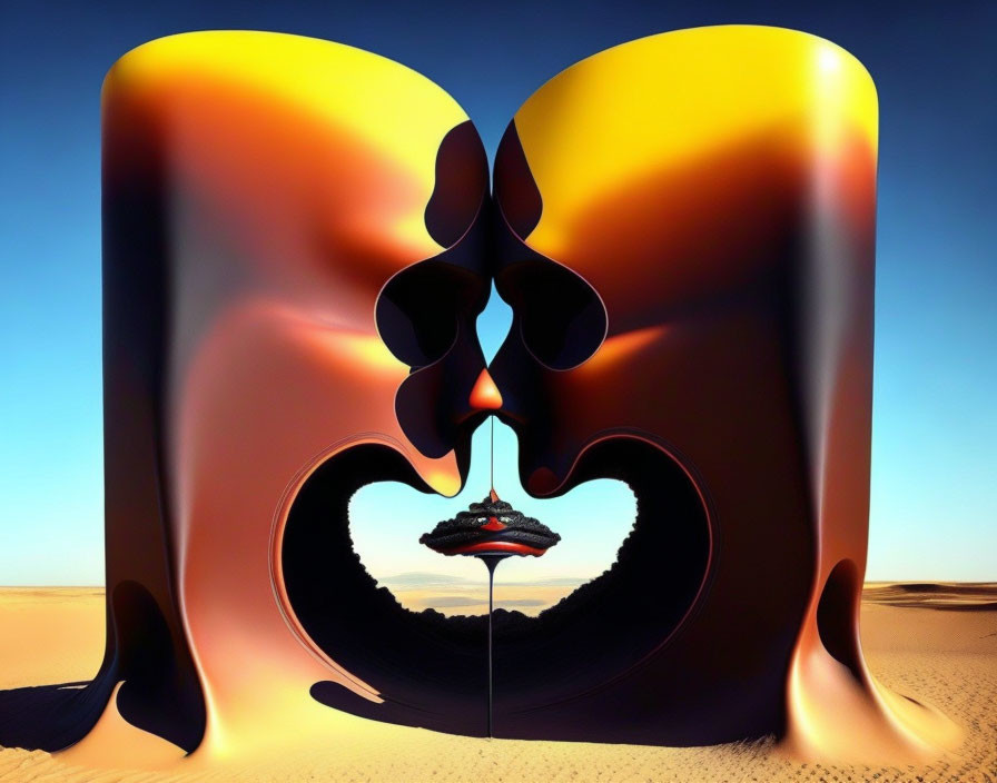 Surreal 3D digital artwork: Melting structures, mirrored figure, clear blue sky