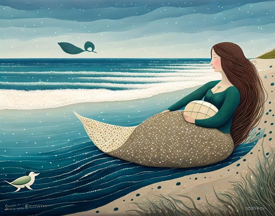 Mermaid with Long Brown Hair Holding Seashell on Beach