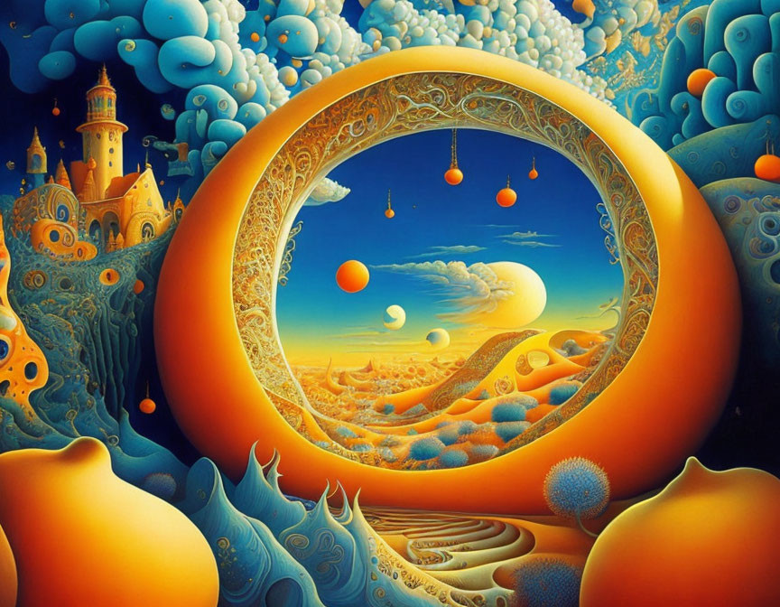 Vivid surreal landscape with orange ring, castle, clouds, and celestial bodies