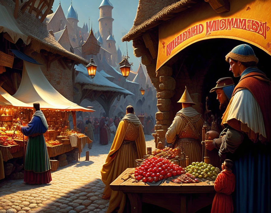 Medieval market scene with townsfolk in period costumes browsing stalls