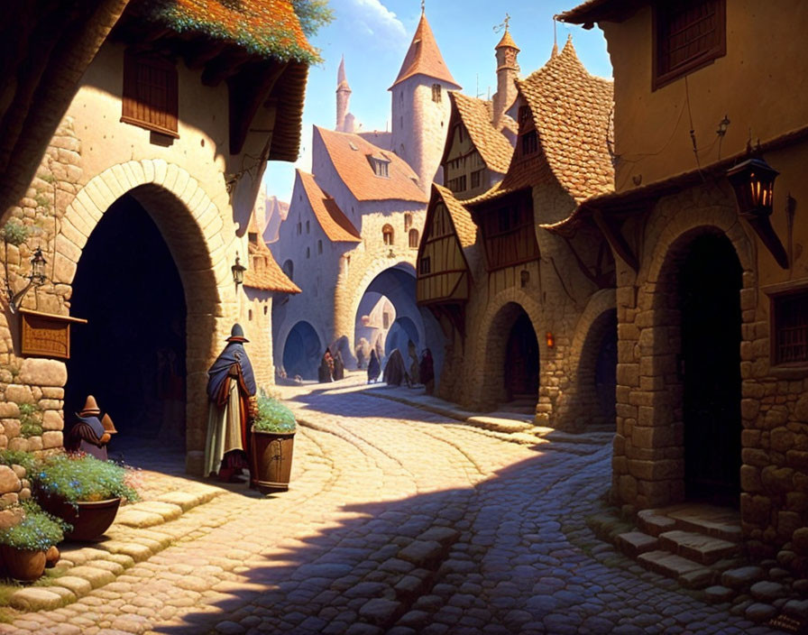 Medieval village street with cobblestones and half-timbered houses on a sunny day