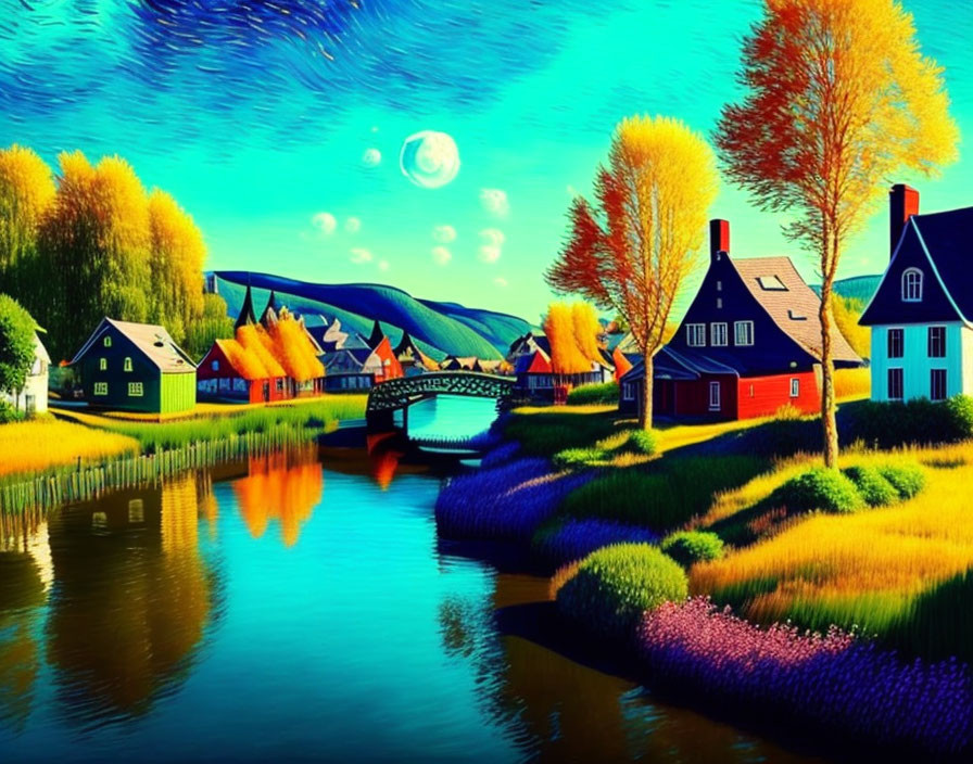 Colorful riverside village scene with moonlit sky