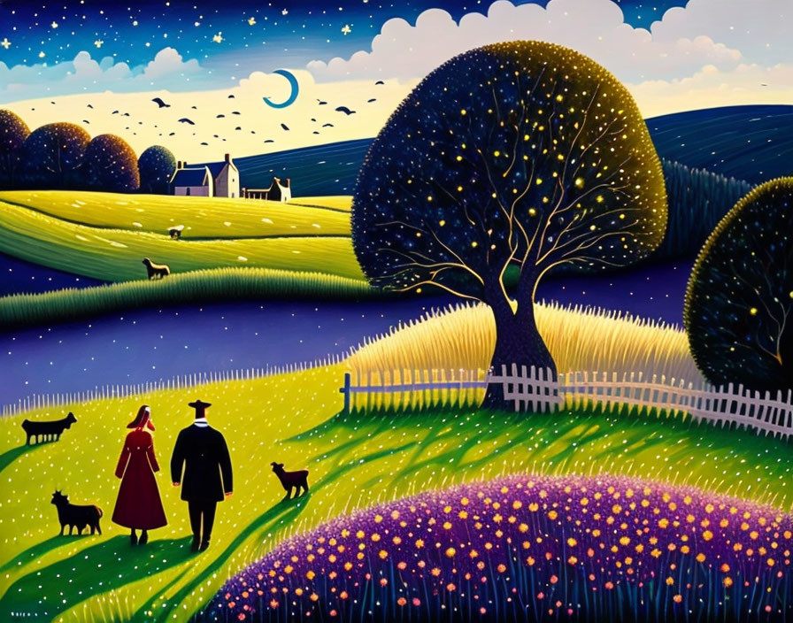 Stylized painting of couple walking dogs in vibrant moonlit landscape