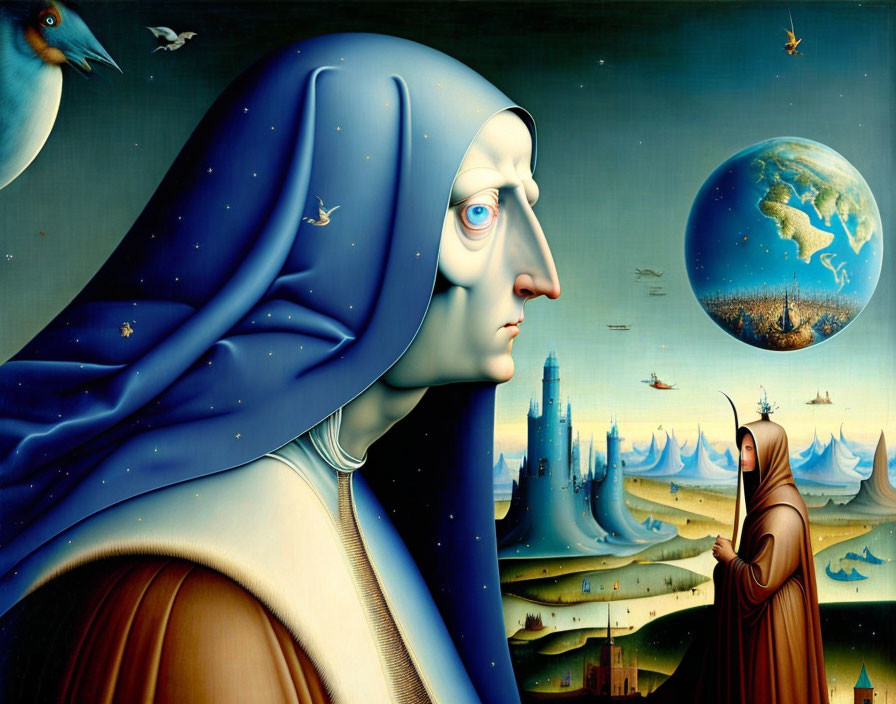 Surrealist painting of contemplative nun and floating globe in starry sky