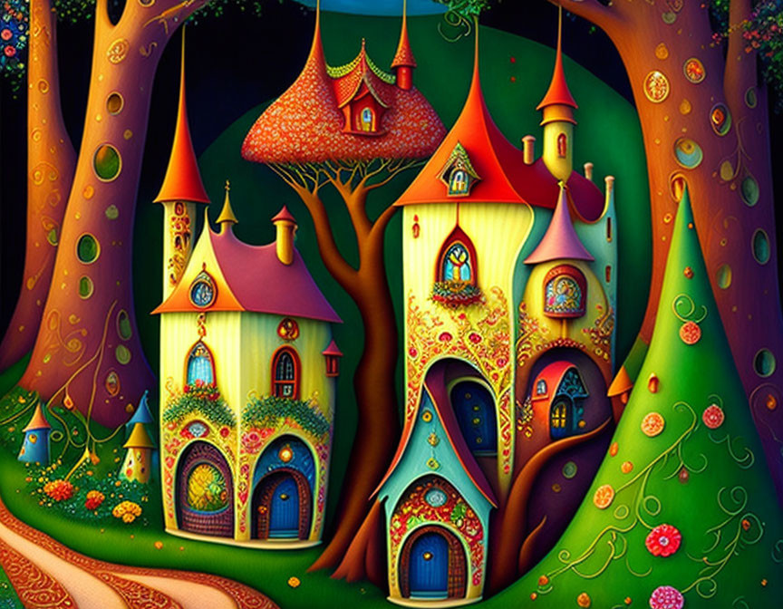 Colorful Fantastical Treehouse Illustration with Vibrant Towers and Intricate Patterns