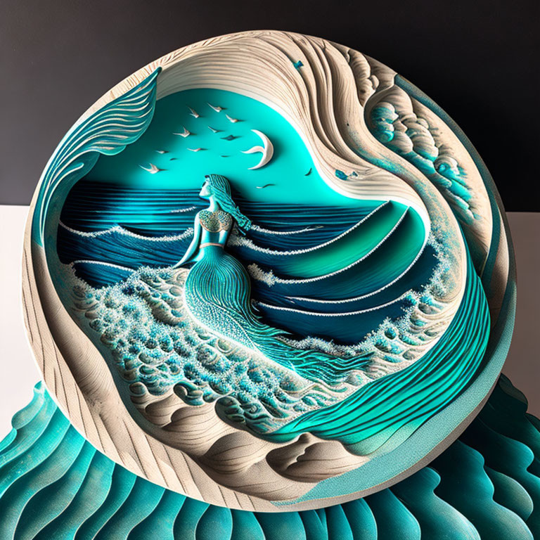 Three-Dimensional Paper Art Sculpture of Mermaid on Rock with Waves, Birds, and Crescent Moon