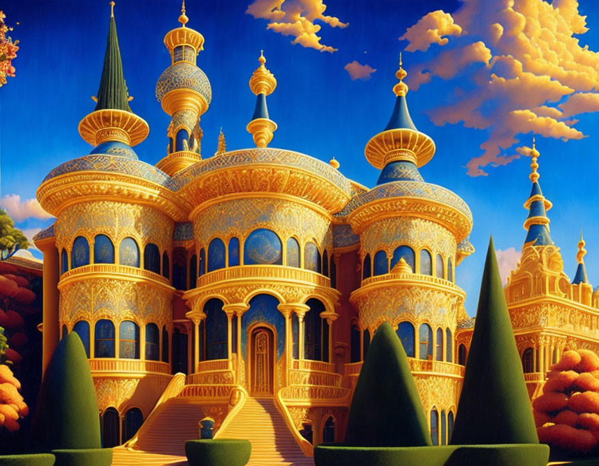 Golden Palace with Onion Domes and Ornate Detail Against Blue Sky