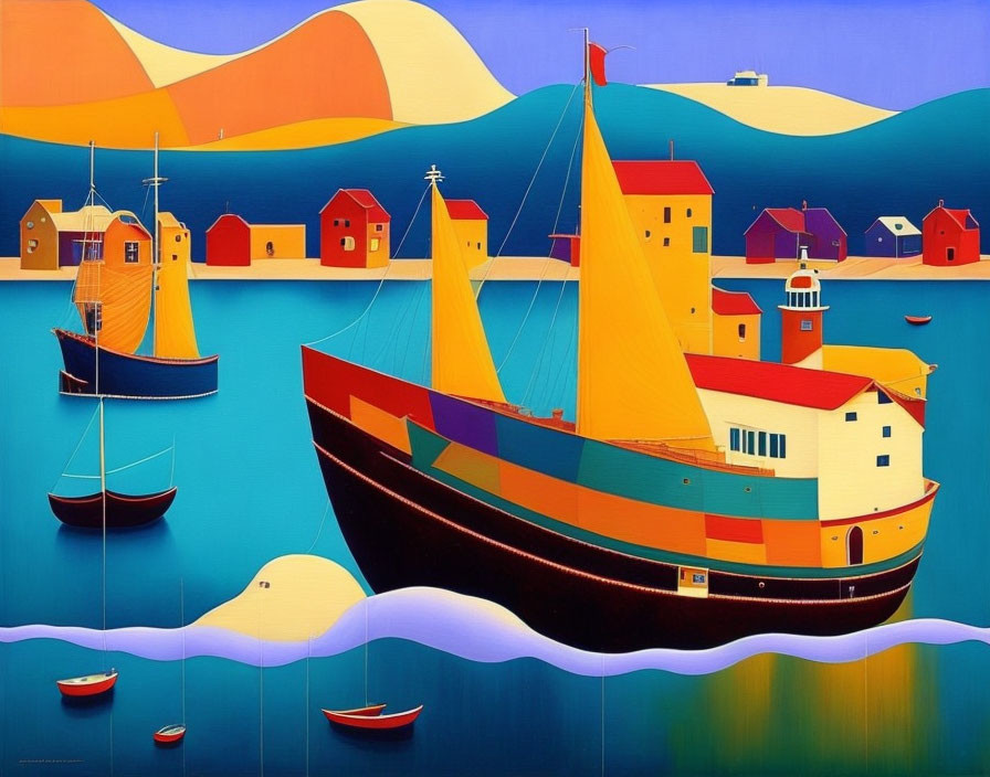 Vibrant Stylized Artwork of Boats, Hills, and Houses