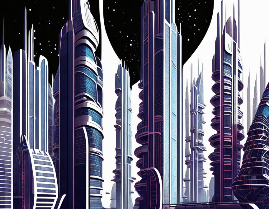 Futuristic cityscape with stylized skyscrapers at night.