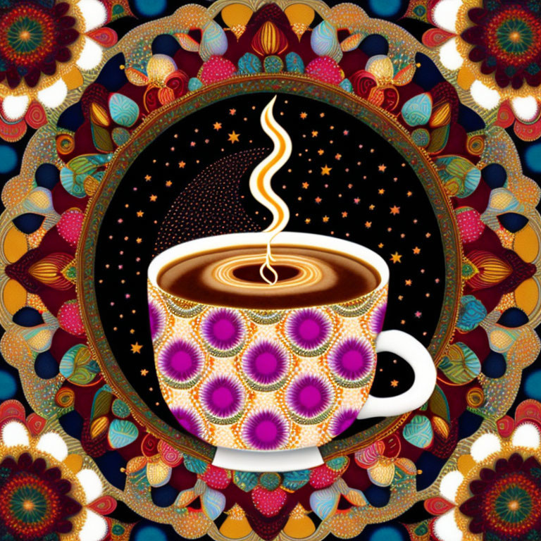 Vibrant patterned coffee cup on starry night mandala background