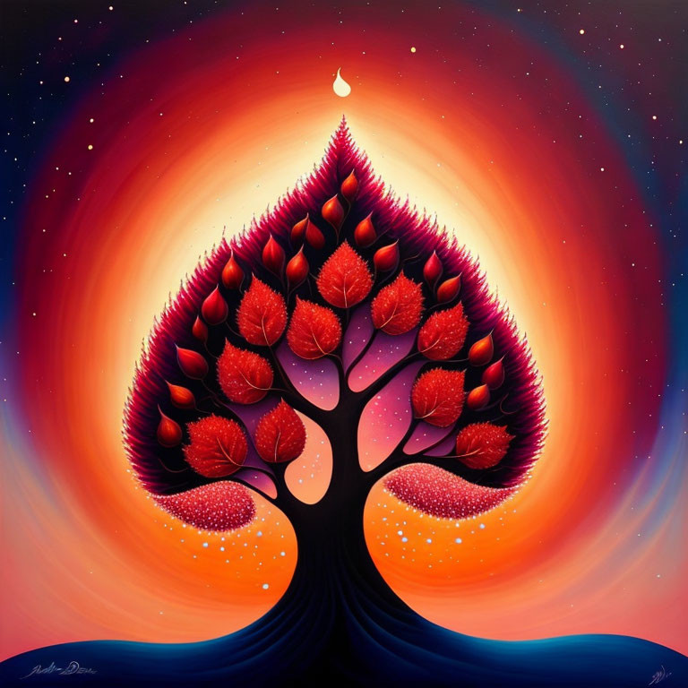 Colorful painting of stylized tree with flame-like leaves on cosmic backdrop.