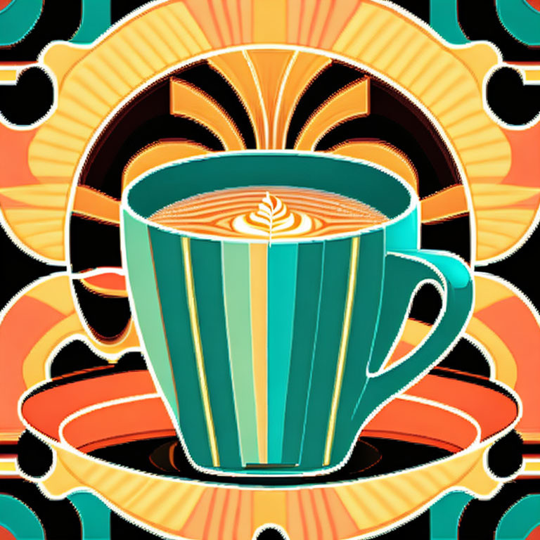 Teal coffee cup with latte art on saucer against vibrant orange and green art deco backdrop