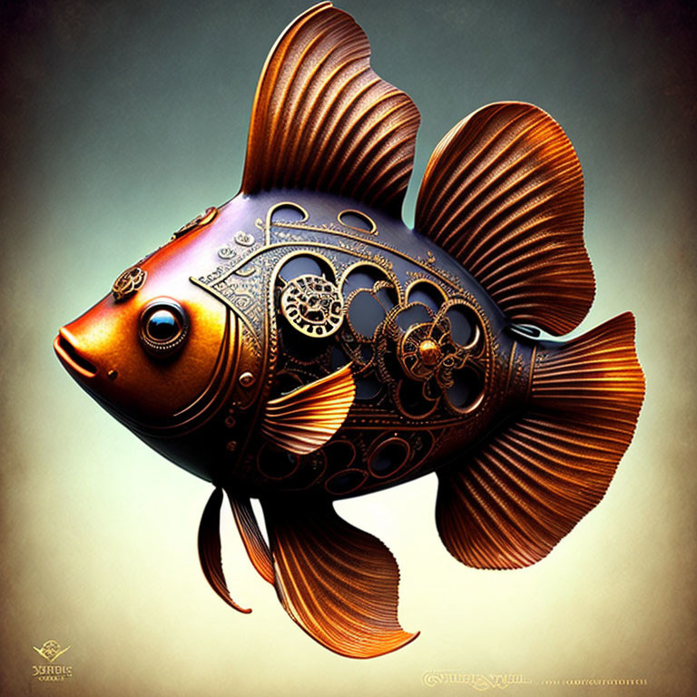 Steampunk-style illustrated fish with mechanical gears and golden ornate patterns on gradient background