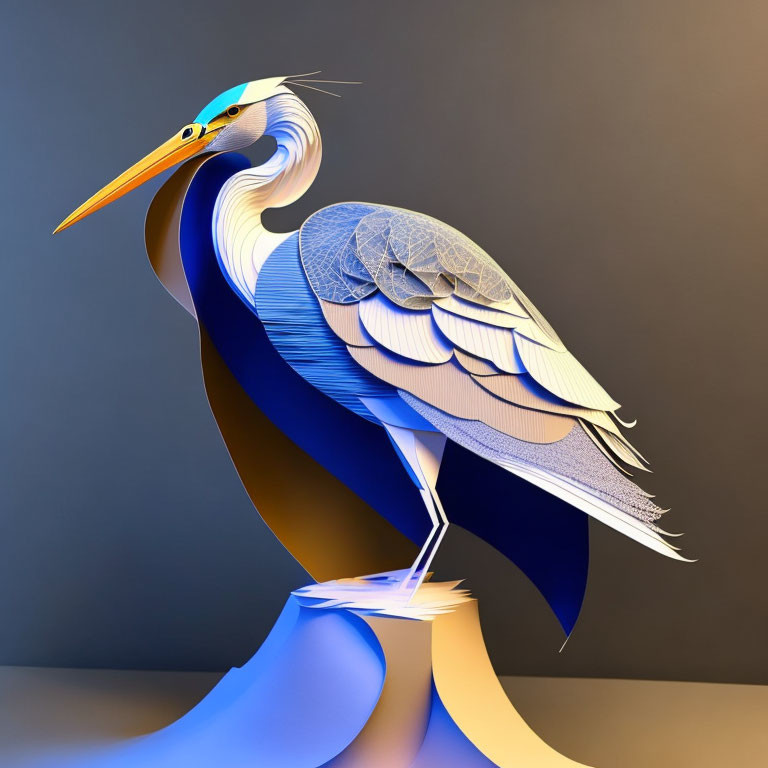 Stylized digital artwork: Heron with blue and white feathers on grey background