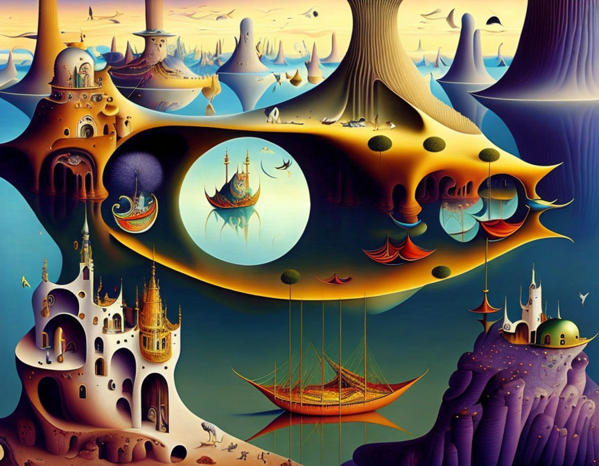 Surreal landscape with whimsical structures and floating islands