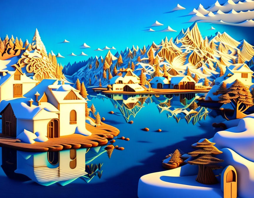 Winter landscape illustration with snowy mountains, houses, trees, and paper boats on blue water