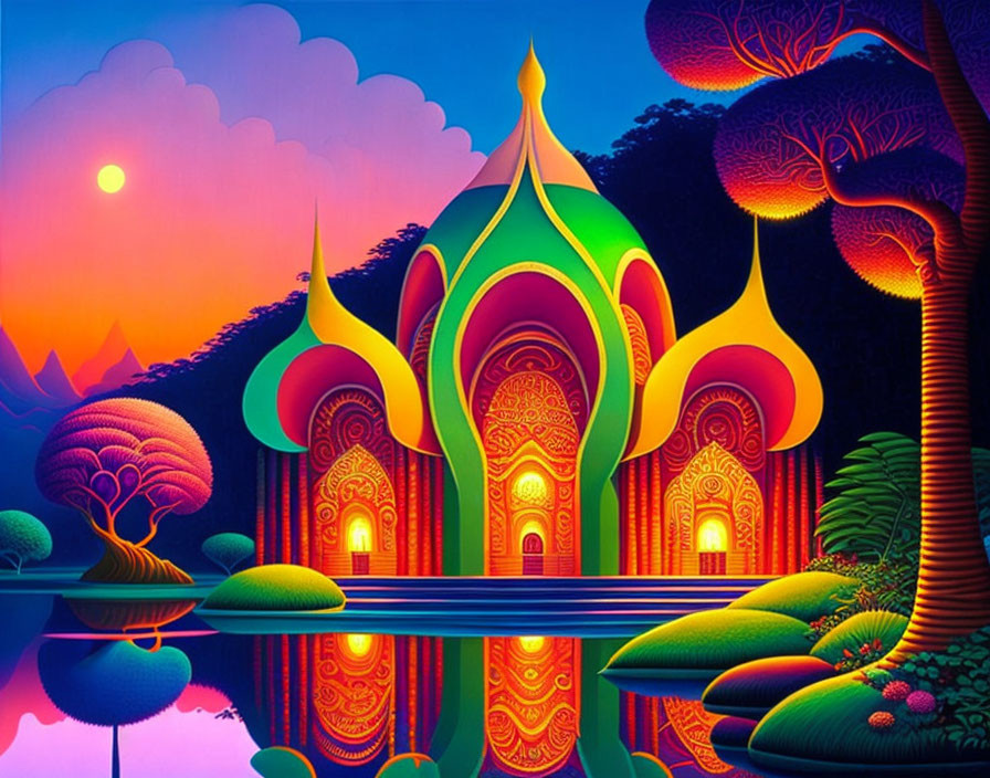 Colorful fantasy landscape with ornate palace, stylized trees, and reflective water under sunset sky