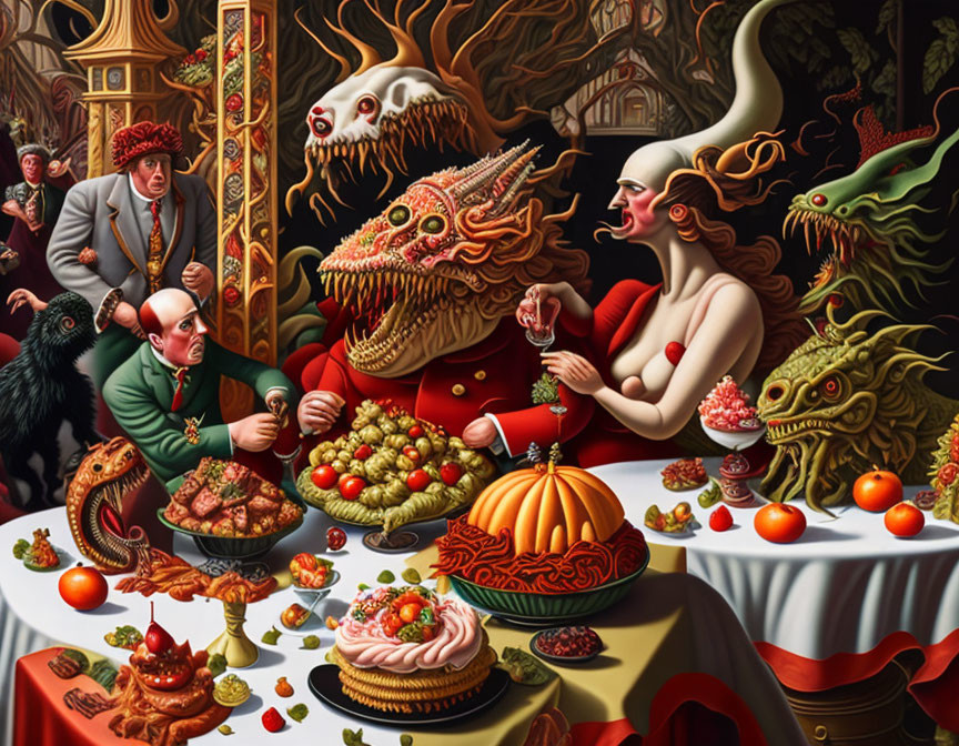 Surreal Renaissance-inspired banquet with distorted figures and opulent food