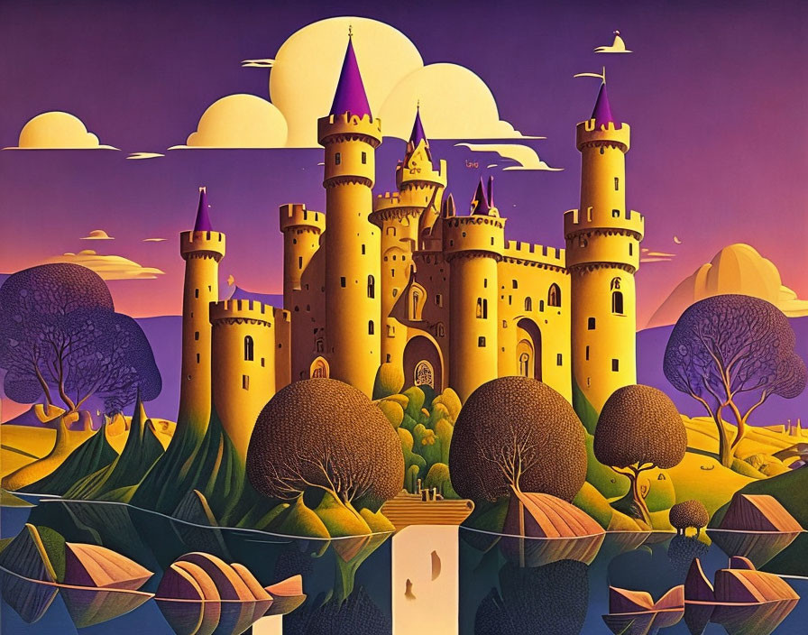 Whimsical castle with towers at sunset by serene water