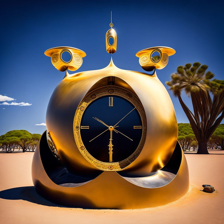 Surreal golden clock blending with landscape under blue sky