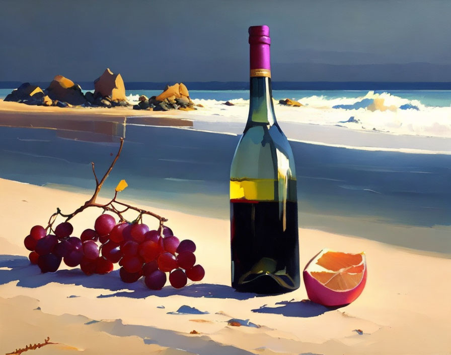 Still life with wine bottle, grapes, sliced orange on sunny beach