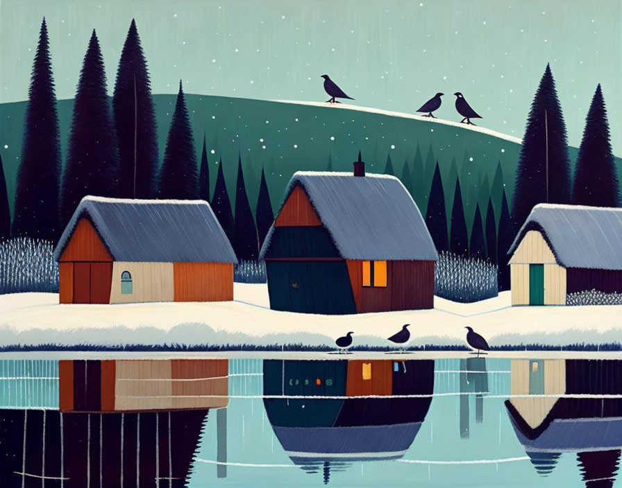 Winter Scene: Two Houses by Reflective Lake, Pine Trees, Birds