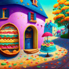 Colorful Whimsical Village with Purple House, Fruity Car, and Orange Tree