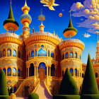 Golden Palace with Onion Domes and Ornate Detail Against Blue Sky