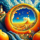 Vivid surreal landscape with orange ring, castle, clouds, and celestial bodies