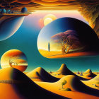 Surrealist landscape with dune-like structures and vibrant trees
