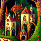 Colorful Fantastical Treehouse Illustration with Vibrant Towers and Intricate Patterns