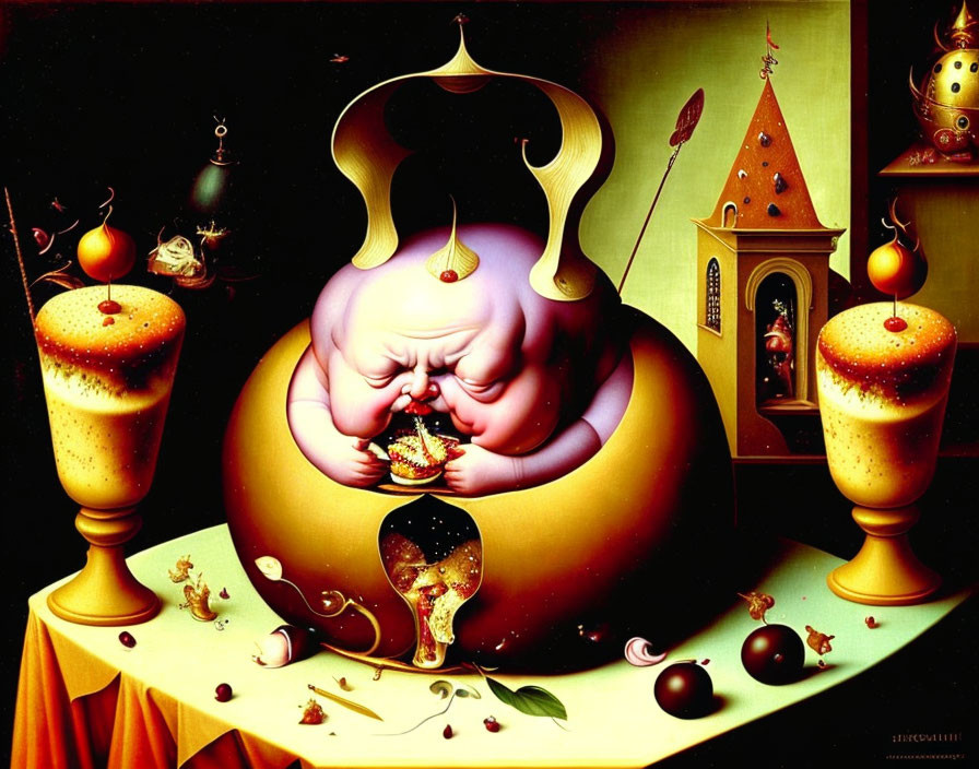 Surreal painting: Plump figure as string instrument, candles, hourglass, snails,